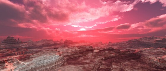 Mars at sunset, panorama of Mars, alien landscape, a panorama of a surface of another planet, 3D rendering