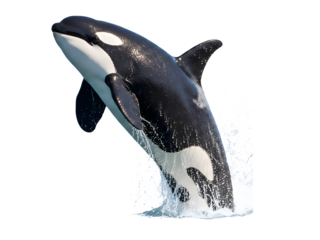 whale or orca jumping out of water with splash isolated on transparent background