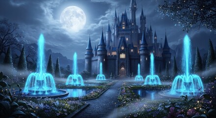 Majestic Fantasy Castle at Night Under a Full Moon with Glowing Blue Fountains and Enchanted Gardens, a Dreamlike Fairytale Landscape Illustration