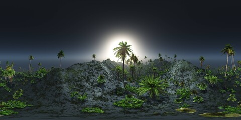Jungle in the mountains in the morning, HDRI, environment map , Round panorama, spherical panorama, equidistant projection, panorama 360, 3d rendering