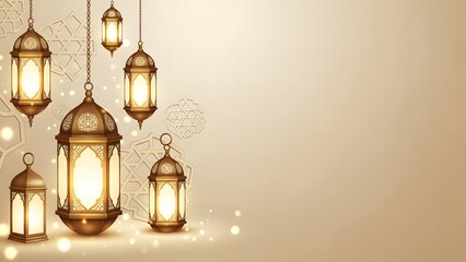 Elegant islamic lanterns with golden light for ramadan and eid celebrations