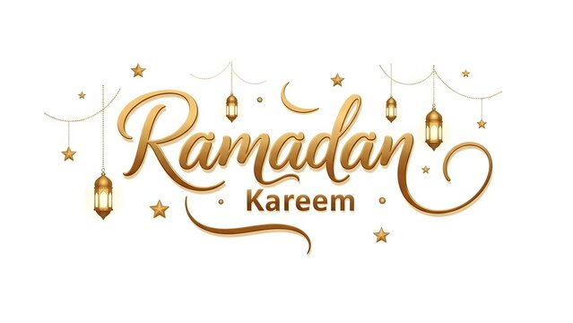 Elegant ramadan kareem calligraphy with lanterns and stars on white background - Powered by Adobe