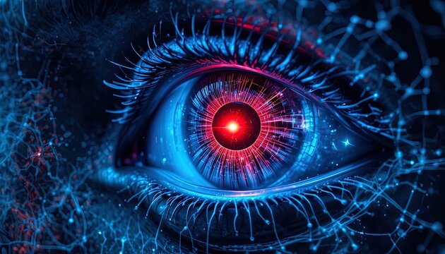 Futuristic eye gazing into a digital world with vibrant neon glow and intricate cybernetic patterns, perfect for technology, AI, and innovation concepts