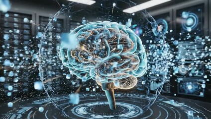 Digital Brain hologram glowing with blue and orange light in a futuristic server room with digital displays and data streams flowing - Powered by Adobe