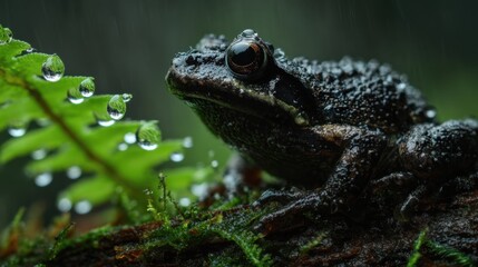 Obraz premium Close-up of a Wet Black Frogs in Rain on Leaf in Nature Environment