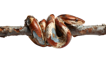 A snake shedding its skin in a tight coil around a branch, its old skin peeling away to reveal vibrant new scales, a symbolic rebirth, isolated on a Transparent background