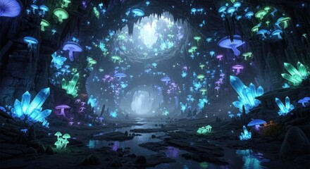 Bioluminescent Cave: Glowing Mushrooms, Ethereal Crystals, and a Subterranean River in a Mystical Underground Fantasy World