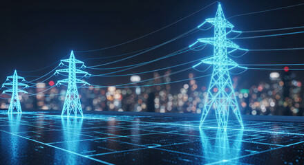 Futuristic power lines illuminated in blue against city skyline, showcasing high voltage transmission in digital style. scene evokes sense of advanced technology and energy