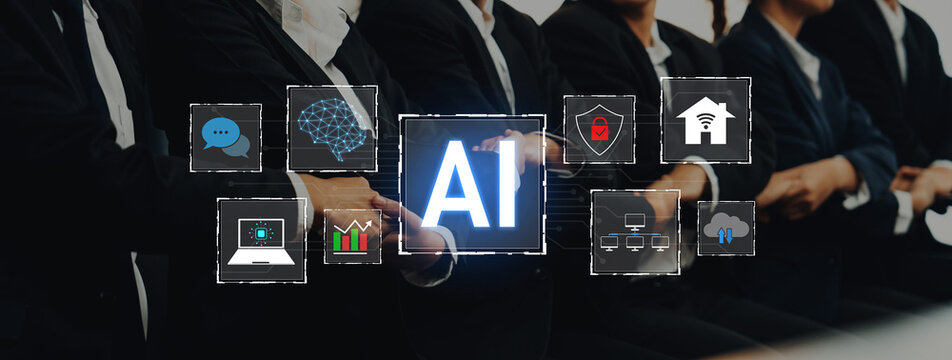 Business professionals in formal attire engage with advanced AI technology visuals, emphasizing collaboration and innovation for digital transformation in corporate settings. Trope