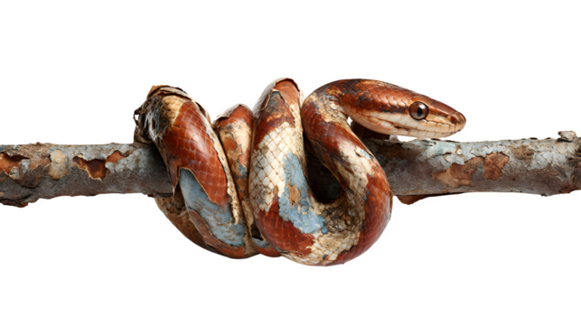 A snake shedding its skin in a tight coil around a branch, its old skin peeling away to reveal vibrant new scales, a symbolic rebirth, isolated on a Transparent background