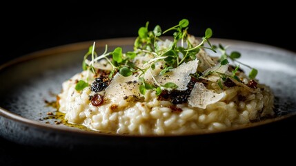 Elevated comfort food: Creamy risotto with fresh herbs and cheese on dark plate.
