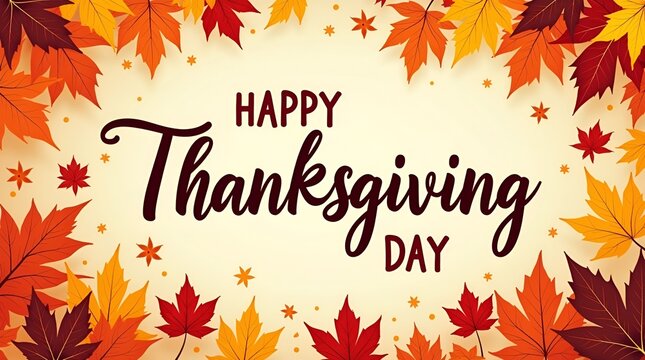 Stylish ‘Happy Thanksgiving Day’ calligraphy with flowing script lines and bright fall leaves forming a festive border