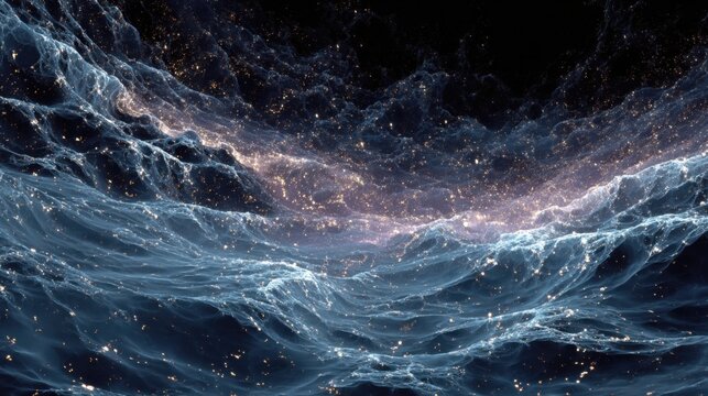 Abstract cosmic waves with glowing stars and shimmering nebula in deep space scene