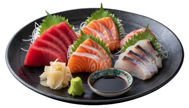 Japanese sashimi platter with tuna salmon and mackerel on black plate