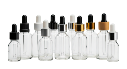 Twelve Clear Empty Glass Vials with Assorted Black White Silver Gold and Wood Dropper Caps