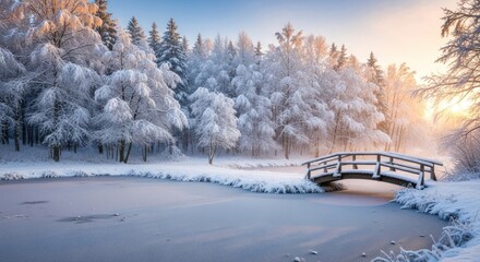 Serene Winter Landscape with Snow-Covered Bridge over Frozen Pond at Sunrise, Golden Light on Frost-Laden Trees