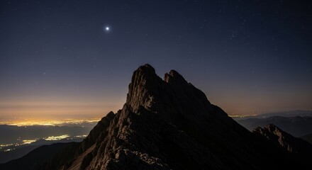Starry Night Landscape: Majestic Mountain Range Under a Brilliant Star and Distant City Lights on the Horizon
