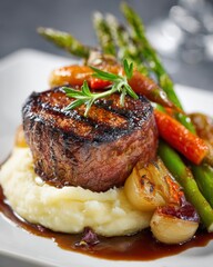 Delicious steak on a bed of creamy mashed potatoes with asparagus and vegetables.