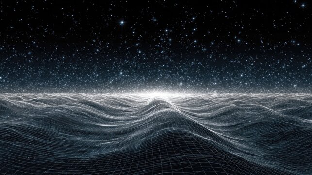 Futuristic Digital Ocean Landscape with Starry Night Sky and Wireframe Waves