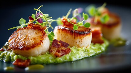 A gastronomic delight: seared scallops plated over vibrant green pea puree.