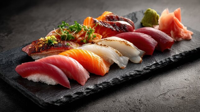 A platter of assorted sushi nigiri, a symphony of flavors in every bite.