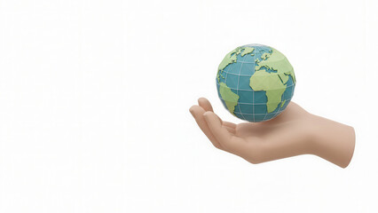 3D rendered image of a soft hand gently holding a low-polygon geometric globe of the Earth. Concept of global conservation and environmental protection.