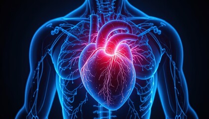 Vibrant human heart and circulatory system, a vital organ pumping life, great for medical visualizations or biology education, conveying health and wellness