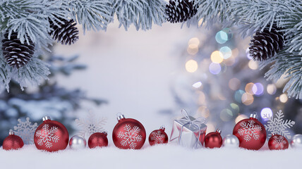 Celebrate the frosty holiday season with these gorgeous red and silver ornaments, snowflakes, and a gift box, creating a festive winter wonderland scene!