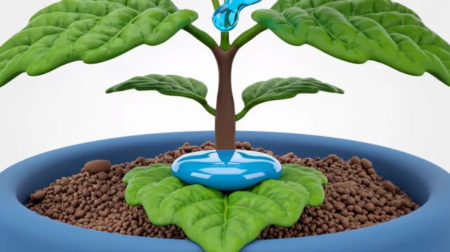 Close up of a small green seedling in a blue pot receiving a drop of blue liquid from a pipette, isolated on white background
