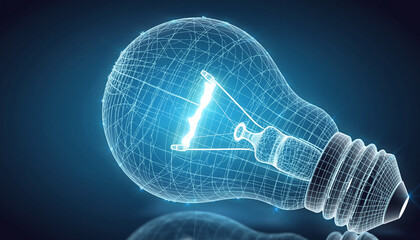 Illuminating Idea: A futuristic, glowing wireframe of an incandescent light bulb symbolizes innovation and the spark of creativity, illuminating the potential for new ideas.