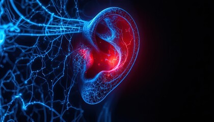 Explore the amazing human ear anatomy with stunning blue and red details, perfect for medical education and innovative healthcare marketing campaigns
