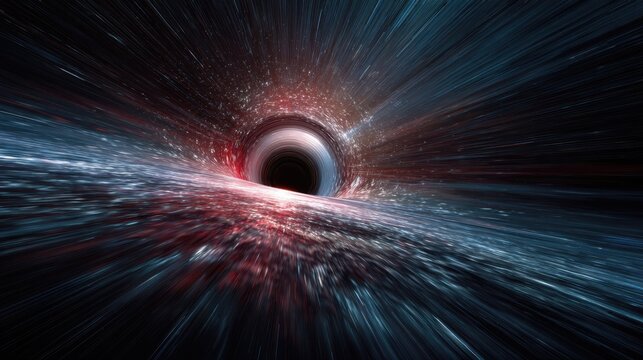 Abstract depiction of a black hole with cosmic light speed trails in space