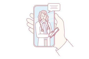 Person holding cellphone with doctor on screen. Concept of online medical consultation from home. Therapist consult patient remote on smartphone. Flat vector illustration.