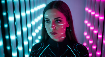 Portrait of a person with light lines on face, stands against a wall of luminescent tubes, representing modern aesthetic and future lifestyle