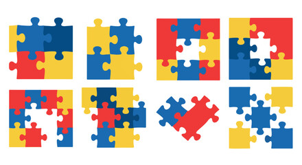 Colorful puzzle pieces arranged in square groupings