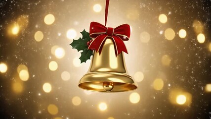Golden Christmas bell with red ribbon and holly on bokeh background   - Powered by Adobe