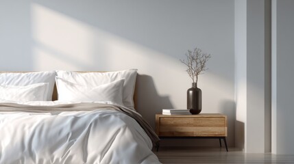 Cozy minimalist bedroom with natural light highlighting the elegant bed and stylish nightstand featuring a decorative vase and plant for a tranquil ambiance
