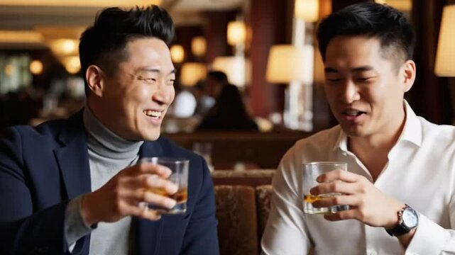 Two well-dressed men, full of genuine joy and camaraderie, share a celebratory toast with elegant glasses filled with an amber beverage. Their bright smiles and enthusiastic expressions convey a stron
