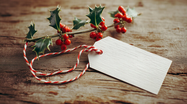 A holly branch with red berries and green leaves lies on rustic wood. A blank white gift tag with red and white string offers copy space. - Powered by Adobe