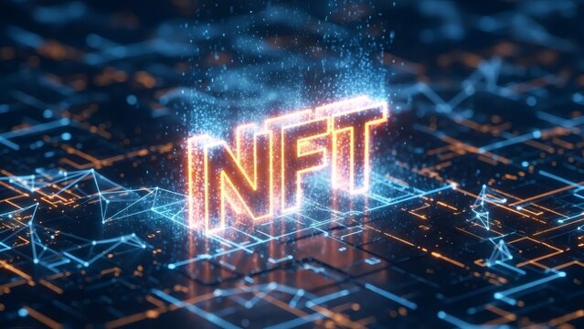 Glowing NFT text with digital circuit board background. Non-fungible token concept for blockchain technology. Cryptocurrency and digital art.