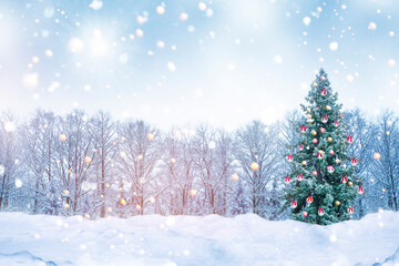 The Christmas tree is decorated with balls and bows. Winter forest.