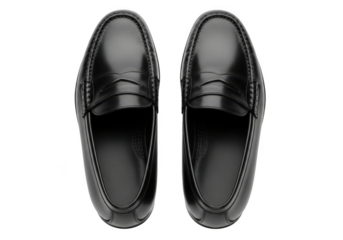Top view of classic black leather penny loafers shoes footwear fashionable style elegant design isolated on transparent background