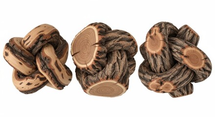 Obraz premium Natural Wooden Decorative Balls with Bark and Smooth Cut Surfaces in Rustic Style