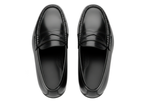 Top view of classic black leather penny loafers shoes footwear fashionable style elegant design isolated on transparent background