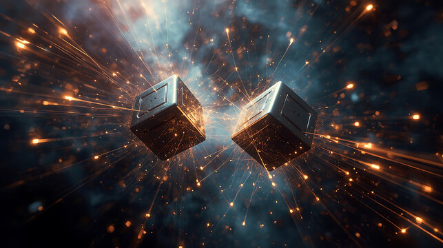 Digital data flow and connection between two futuristic cubes - Powered by Adobe