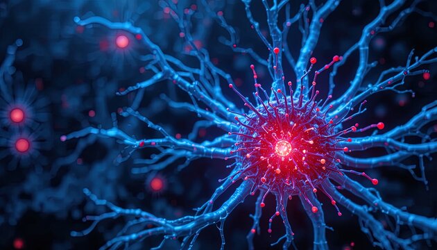 Vibrant neuron network with glowing red synapse, ideal for medical research or cutting-edge technology concepts, showcasing the intricacy of the human brain