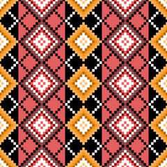 Pixel ethnic pattern, Vector embroidery pattern background, Geometric traditional triangle style, 