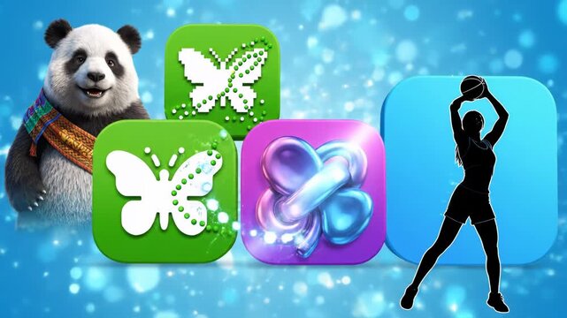 Cute panda mascot with colorful app icon collection featuring butterflies and a netball player silhouette on blue background