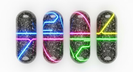 Colorful Neon-illuminated Pills with Black and White Speckled Surface on White Background