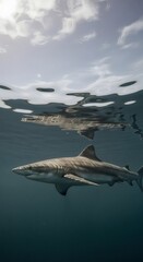 Fototapeta premium Shark swimming near the surface of the ocean under a cloudy sky